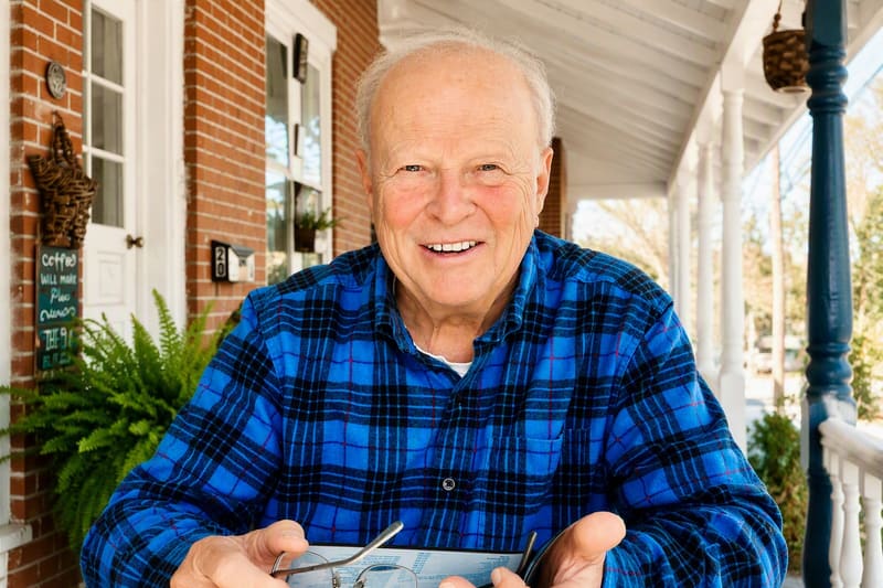 Roger Susanin smiling on his front porch in a blue plaid shirt
